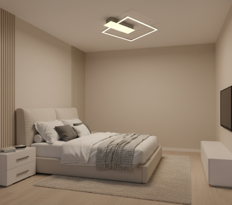 Iluminat dormitor - Lustra LED integrat Briloner Leuchen Nico Square, 12W, 1400 lumeni, lumina calda (3000K), dimmabil in trepte cu functie de memorie, 37.5x32.x4cm, Argintiu