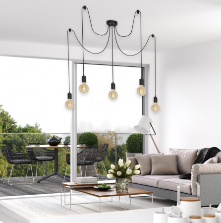 Lustre LED - Lustra suspendata Briloner Leuchen, 5 brate cu socluri E27, inaltime reglabila, max.60W, 100x150 cm, Negru