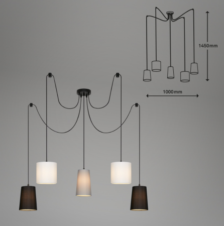 Lustra suspendata Briloner Leuchen 5 brate, soclu E27, max. 60W, abajur textil, inaltime reglabila, 100x145 cm [3]