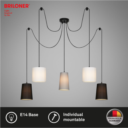 Lustra suspendata Briloner Leuchen 5 brate, soclu E27, max. 60W, abajur textil, inaltime reglabila, 100x145 cm [2]