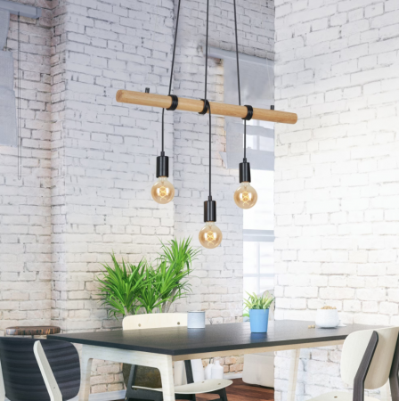 Iluminat bucatarie - Lustra suspendata Briloner Leuchen Wood & Style, 3 socluri E27, max. 60W, inaltime reglabila, 70x120 cm, Negru