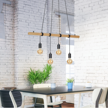 Iluminat bucatarie - Lustra suspendata Briloner Leuchen Wood & Style, 4 socluri E27, max. 60W, inaltime reglabila, 90x150 cm, Negru