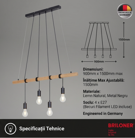 Lustra suspendata Briloner Leuchen Wood & Style, 4 socluri E27, max. 60W, inaltime reglabila, 90x150 cm, Negru [4]