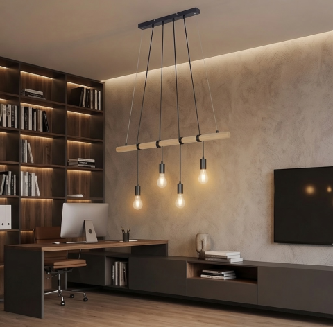 Lustra suspendata Briloner Leuchen Wood & Style, 4 socluri E27, max. 60W, inaltime reglabila, 90x150 cm, Negru [6]