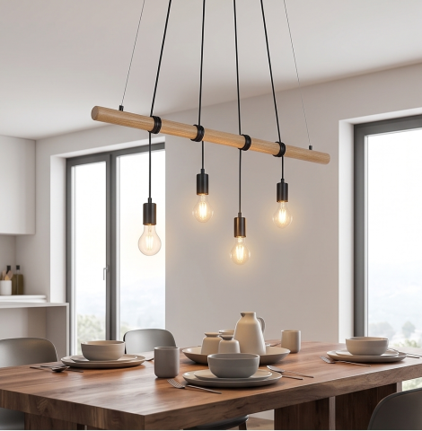 Lustra suspendata Briloner Leuchen Wood & Style, 4 socluri E27, max. 60W, inaltime reglabila, 90x150 cm, Negru [3]