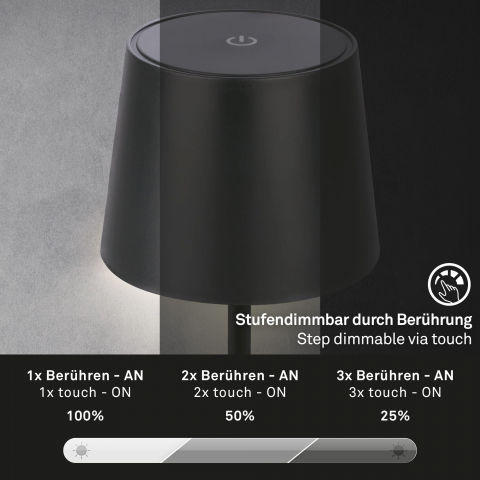 Veioza LED Briloner PIHA Black, Putere 2.6W , Lumina Calda , 150 Lumeni , IP44 ,Dimabila in 3 Trepte, Conexiune USB cu Functie de Incarcare, Capacitate baterie 18 Ore [4]