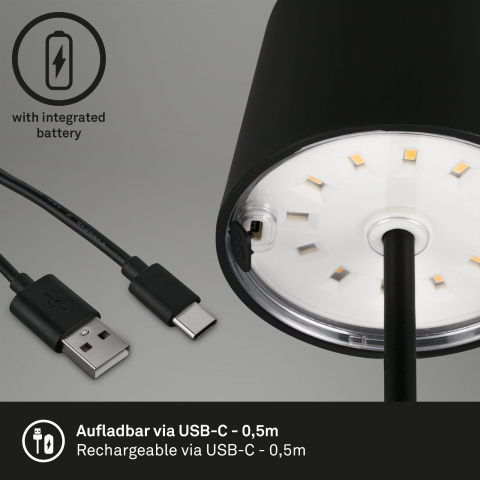 Veioza LED Briloner PIHA Black, Putere 2.6W , Lumina Calda , 150 Lumeni , IP44 ,Dimabila in 3 Trepte, Conexiune USB cu Functie de Incarcare, Capacitate baterie 18 Ore [2]