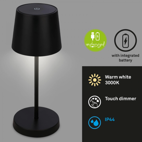 Veioza LED Briloner PIHA Black, Putere 2.6W , Lumina Calda , 150 Lumeni , IP44 ,Dimabila in 3 Trepte, Conexiune USB cu Functie de Incarcare, Capacitate baterie 18 Ore [1]