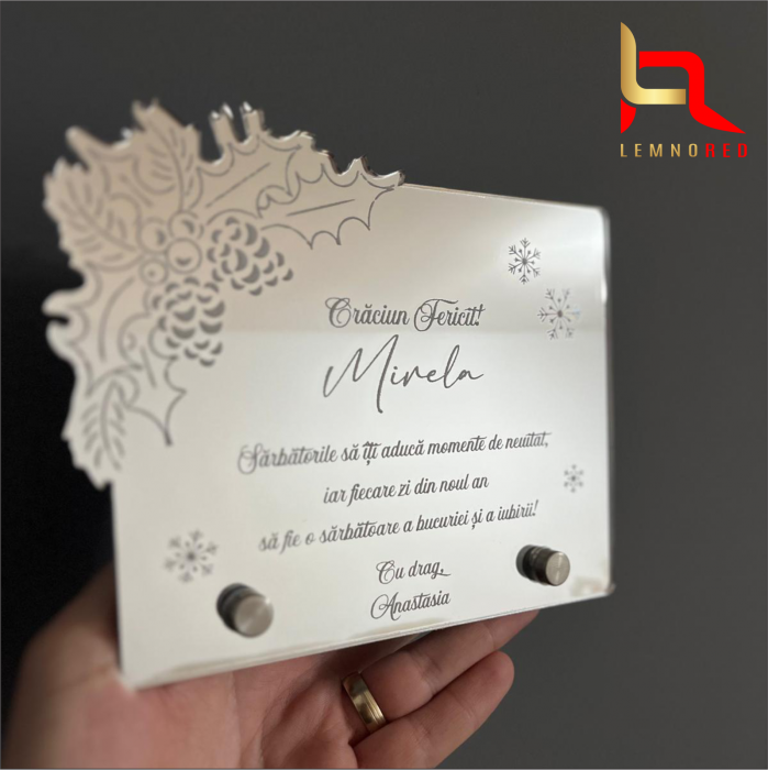 Felicitare Personalizată Crăciun – Mesaj Gravură, Acrilică Oglindă Argintie [2]