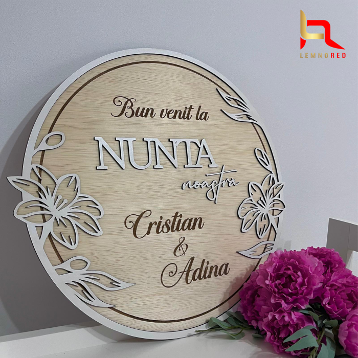 Panou rotund pentru nunta, personalizat "Bun Venit la nunta noastra" nume si data [2]