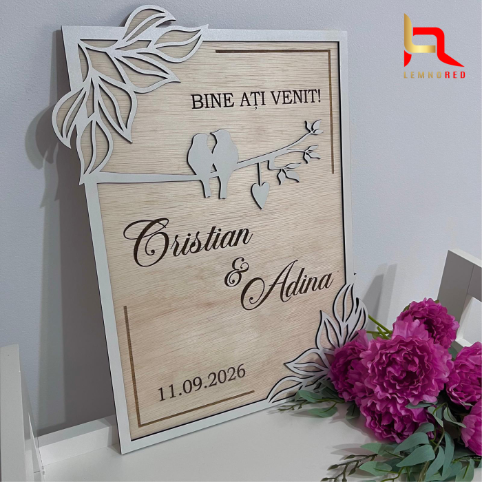 Tablou nunta personalizat din lemn cu mesaj Bine ati venit, nume si data. [2]