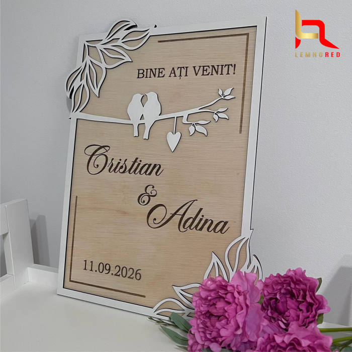 Tablou nunta personalizat din lemn cu mesaj Bine ati venit, nume si data. [3]