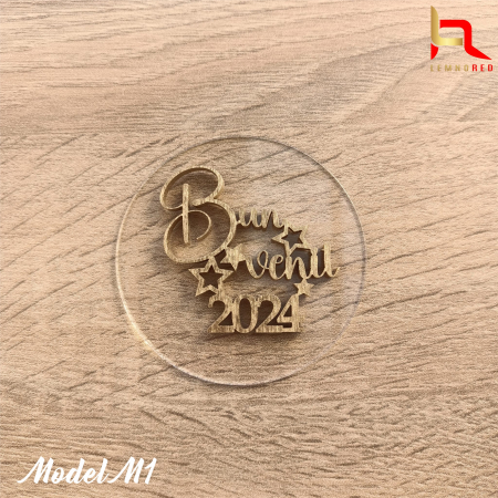 Toppere Craciun - Accesoriu tort din plexiglas + aplicatie lemn "Bun venit 2024!"