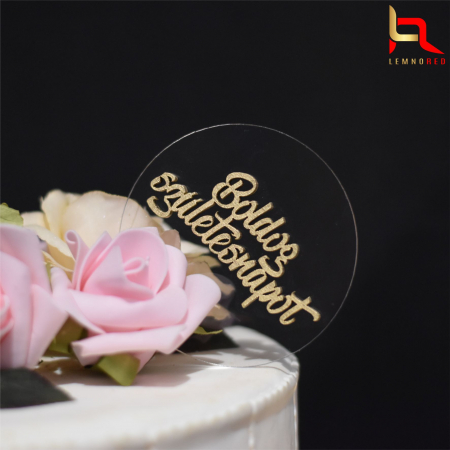 Toppere si ornamente tort - Topper tort "Boldog Szuletesnapot" din plexiglas si lemn