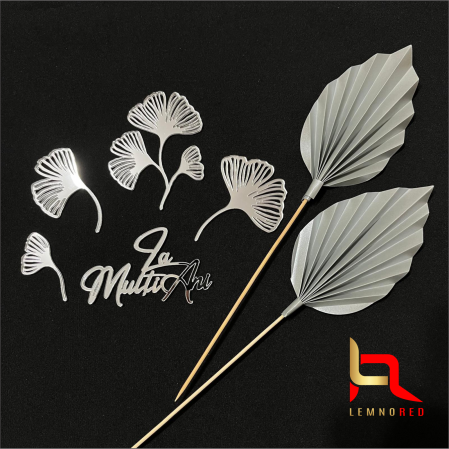 Suite toppere tematice - Decor pentru tort in nuante argintii (ginkgo)