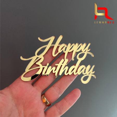 Toppere diverse - Decoratiune laterala pentru Tort, Model Happy Birthday, Tematica Aniversare, 11 cm, Auriu sau Argintiu