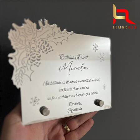 Felicitare Personalizată Crăciun – Mesaj Gravură, Acrilică Oglindă Argintie [1]