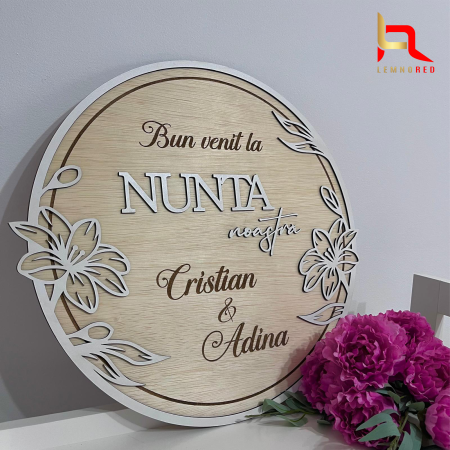 Panou rotund pentru nunta, personalizat "Bun Venit la nunta noastra" nume si data [1]