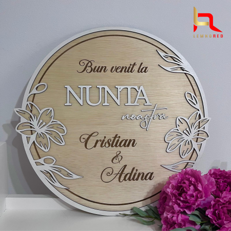 Evenimente speciale - Panou rotund pentru nunta, personalizat "Bun Venit la nunta noastra" nume si data