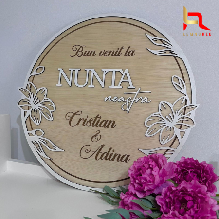 Panou rotund pentru nunta, personalizat "Bun Venit la nunta noastra" nume si data [2]