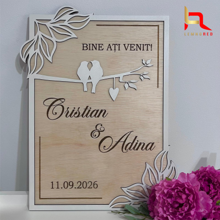 Evenimente speciale - Tablou nunta personalizat din lemn cu mesaj Bine ati venit, nume si data.