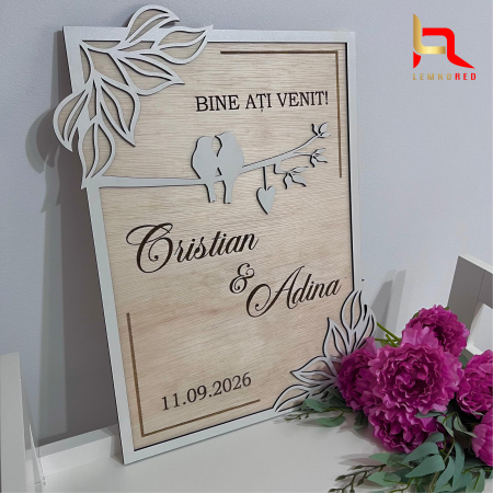 Tablou nunta personalizat din lemn cu mesaj Bine ati venit, nume si data. [1]