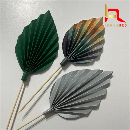 Decoruri tort - Set de 3 Evantaie Decorative pentru tort - Frunze de Palmier – verde, gri și combinat