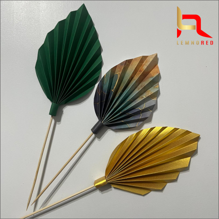 Decoruri tort - Set de 3 Evantaie Decorative pentru tort - Frunze de Palmier – verde, auriu și combinat