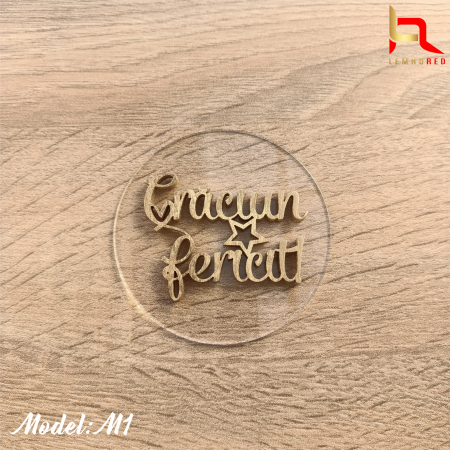 Toppere Craciun - Topper tort plexiglas + aplicatie lemn "Craciun fericit!"