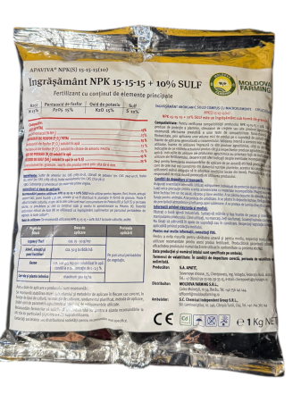 Ingrasaminte foliare si prin picurare - Ingrasamant NPK complex 15.15.15+10%S - 1 kilogram , legume , cereale , gazon, flori