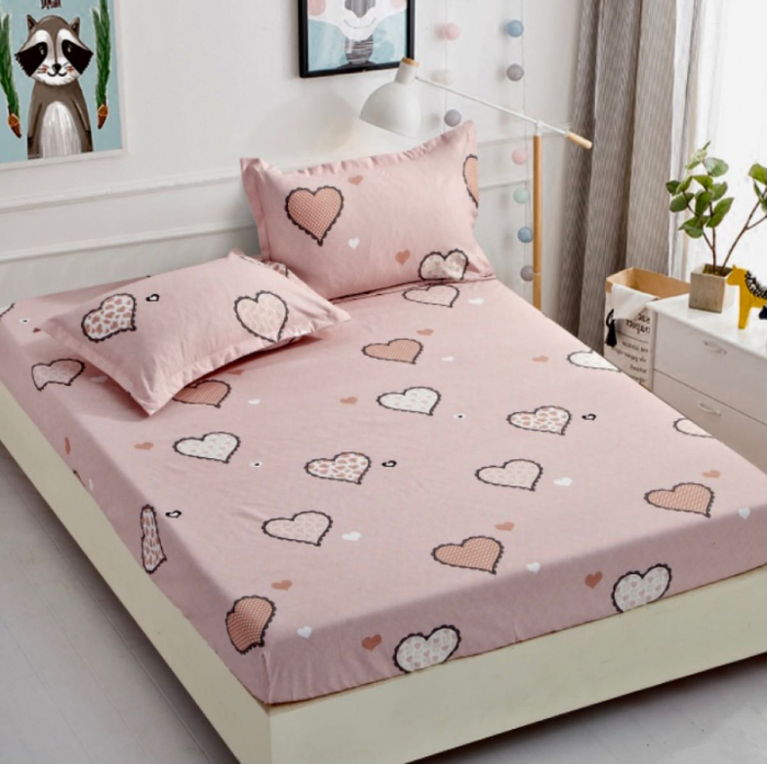 Husa de pat din bumbac, cu elastic, o persoana, 3 Piese, Roz cu inimi 90 x 200 cm [1]