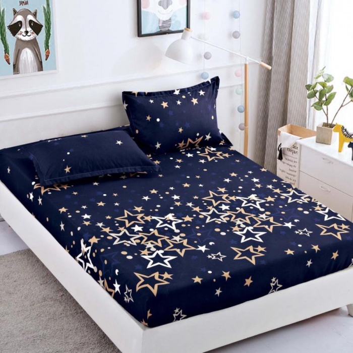 Husa de pat din bumbac, cu elastic, o persoana, 3 Piese, Albastru cu stele 90 x 200 cm [1]