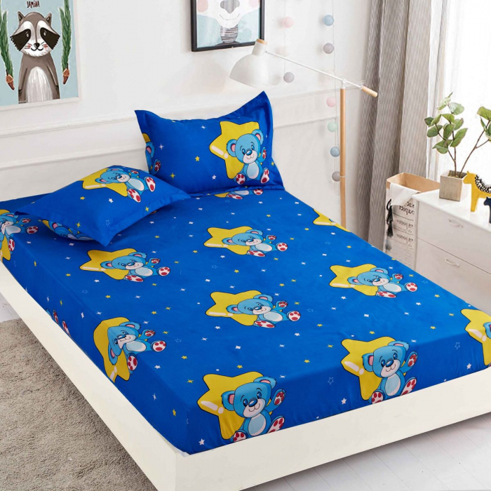Husa de pat din bumbac, cu elastic, o persoana, 3 Piese, Albastru cu ursulet 90 x 200 cm [1]