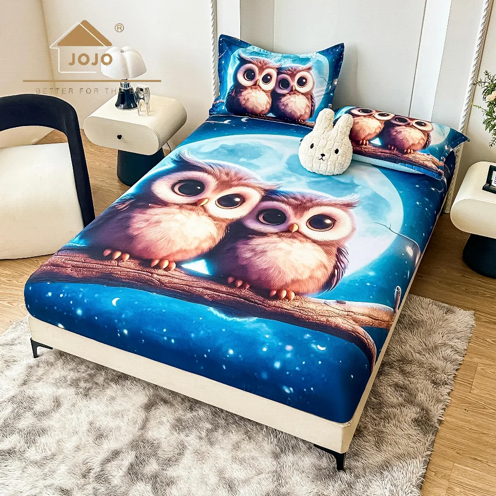 Husa de pat cu Elastic 5D,160x200 cm, cu bufnițe adorabile pe ramură-E13 [1]