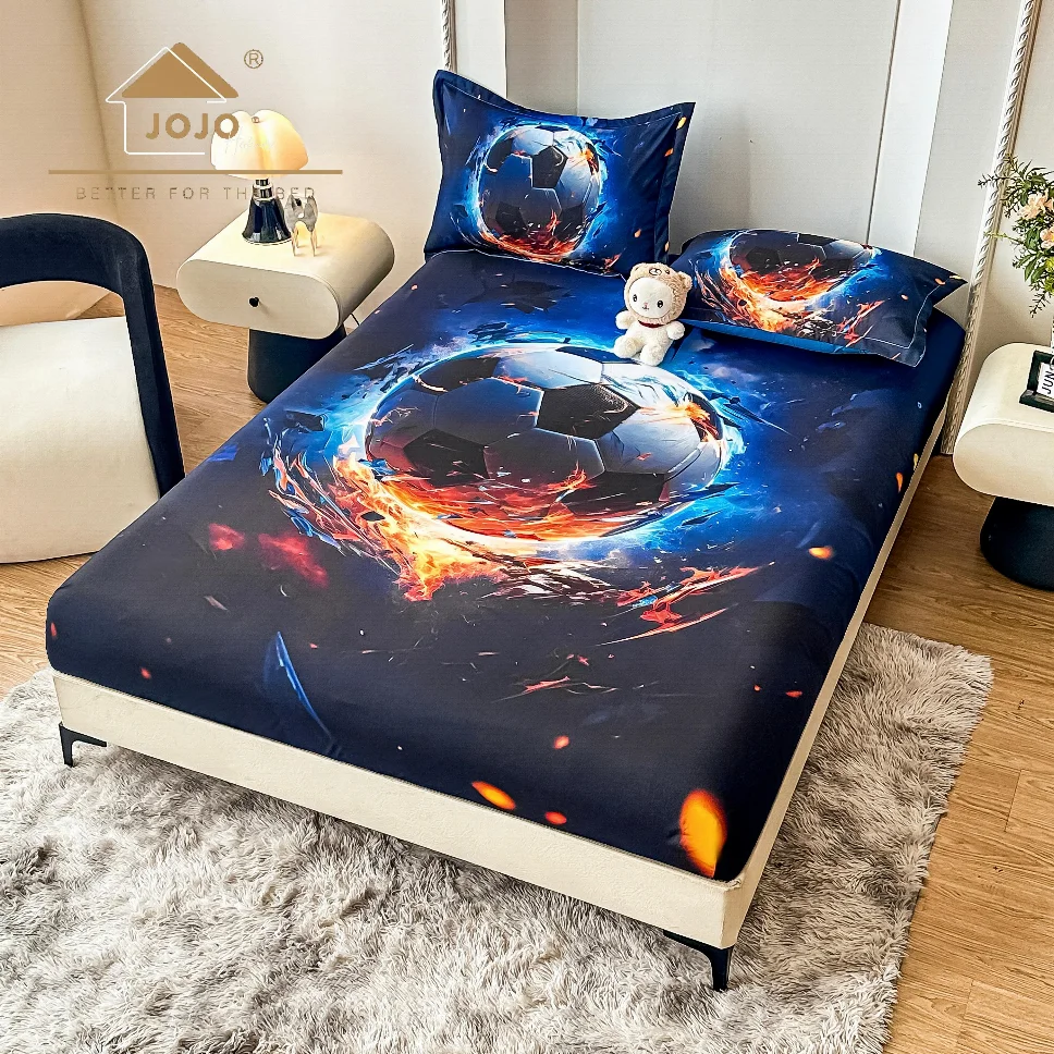 Husa de pat cu Elastic 5D,160x200 cm, fotbal în flăcări albastre și portocalii-E8 [1]