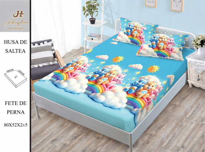 Husa de pat din Finet cu elastic+ 2 fete  de perna 180x200 ,Ursuleti Curcubeu -HG255 [1]