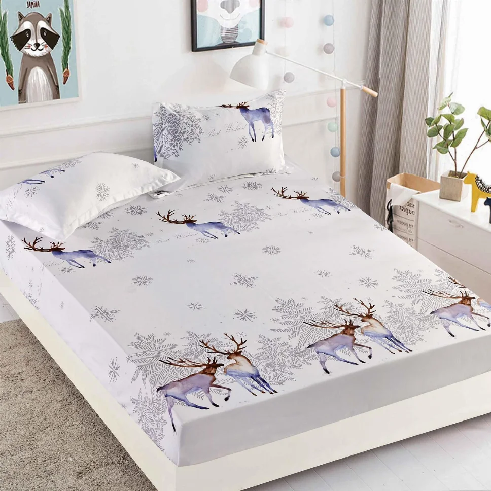Husa de pat din Finet cu elastic, alb cu reni și fulgi-HMJ13 [1]