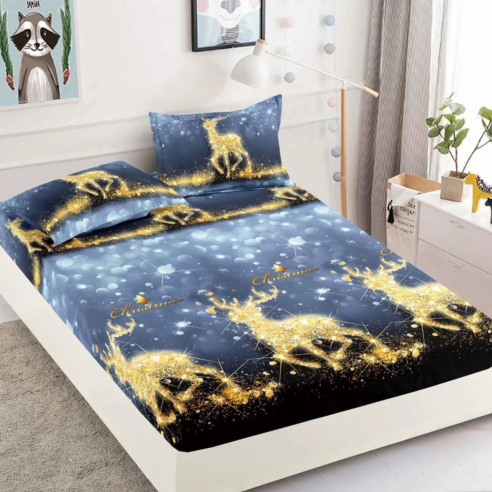 Husa de pat din Finet cu elastic, albastru cu căprioare aurii-HMJ22 [1]