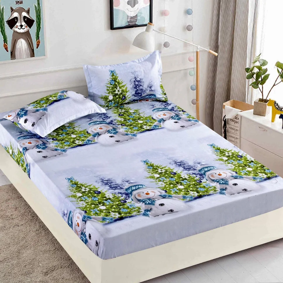 Husa de pat din Finet cu elastic, albastru cu om de zăpadă și brăduți-HMJ9 [1]