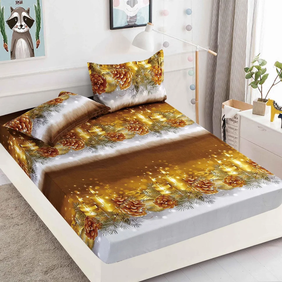 Husa de pat din Finet cu elastic, cu conuri maro și auriu-HMJ6 [1]