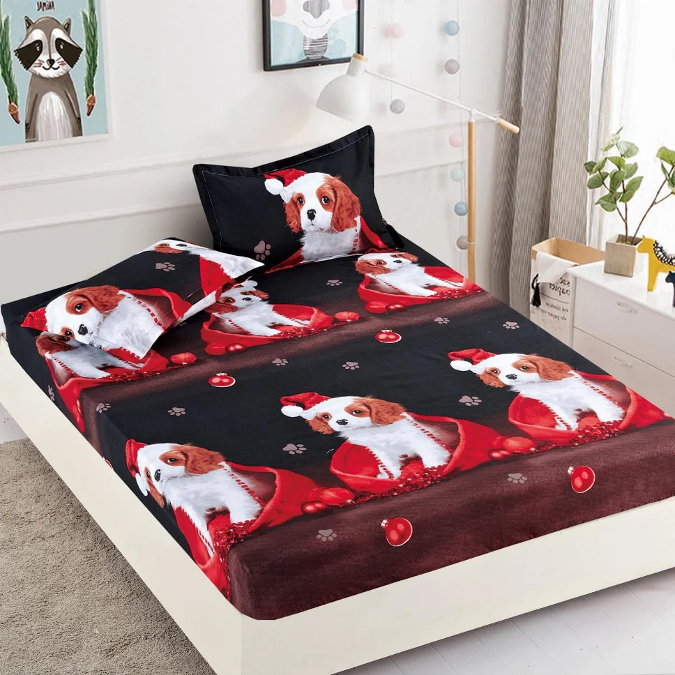 Husa de pat din Finet cu elastic, negru cu cățeluși Moș Crăciun-HMJ24 [1]