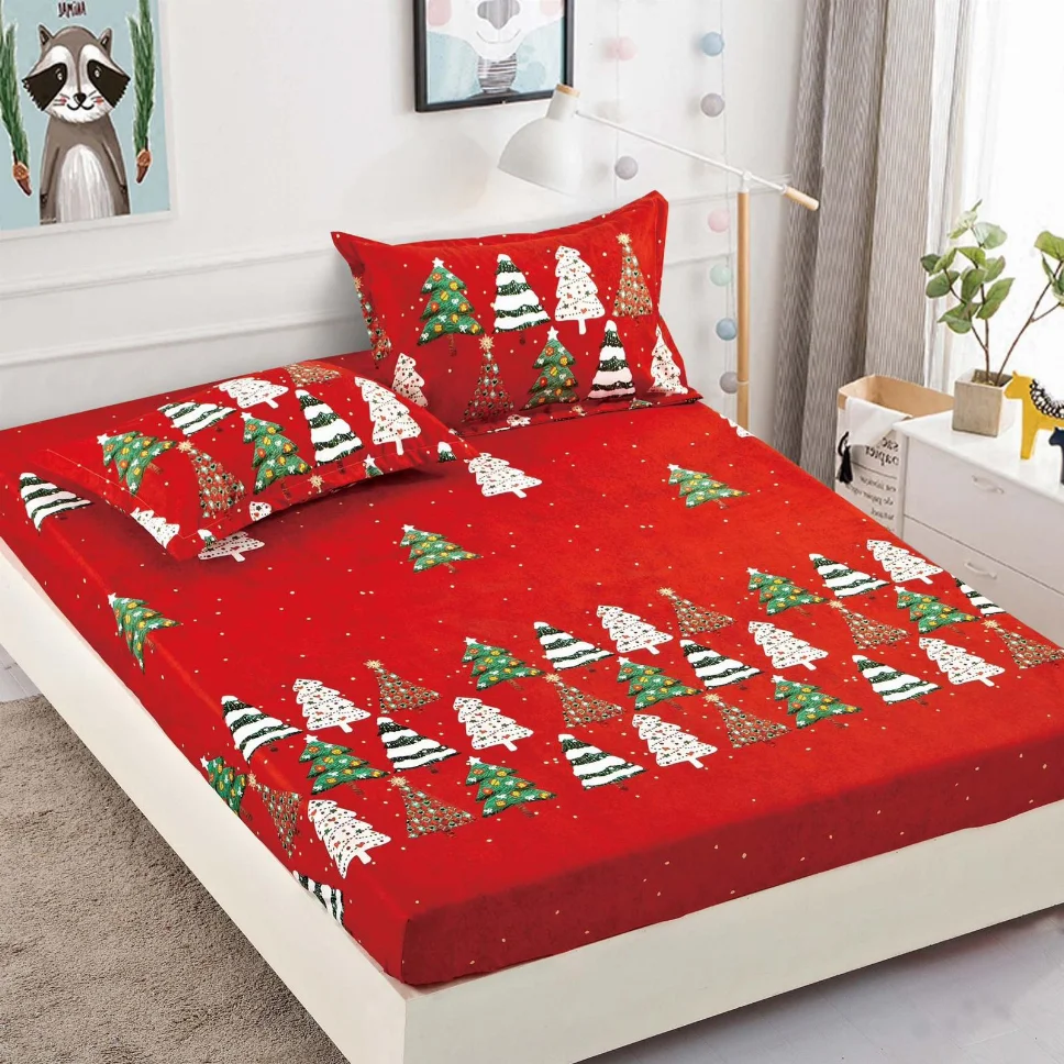 Husa de pat din Finet cu elastic, roșie cu brăduți verzi și albi-HMJ4 [1]