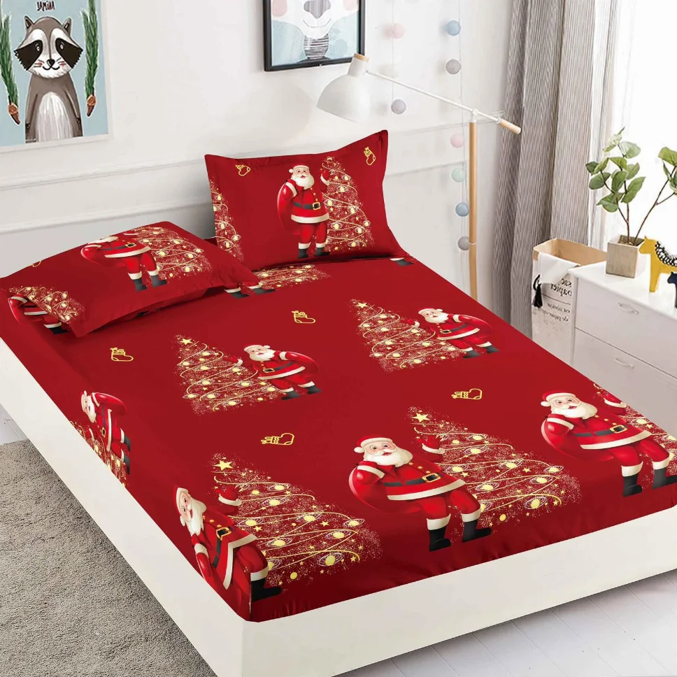 Husa de pat din Finet cu elastic, roșu cu Moș Crăciun și brăduți-HMJ17 [1]