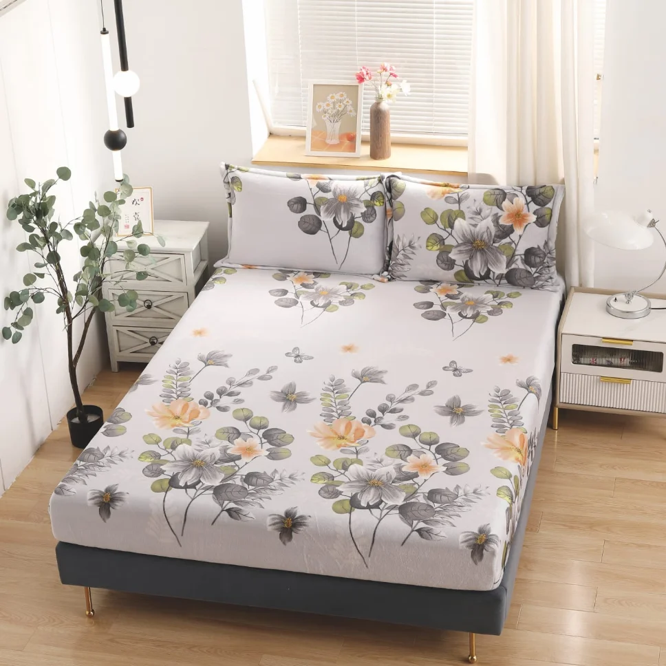 Huse de pat cocolino 180x200 cm, alb cu flori delicate gri si galbene-HJC161 [1]