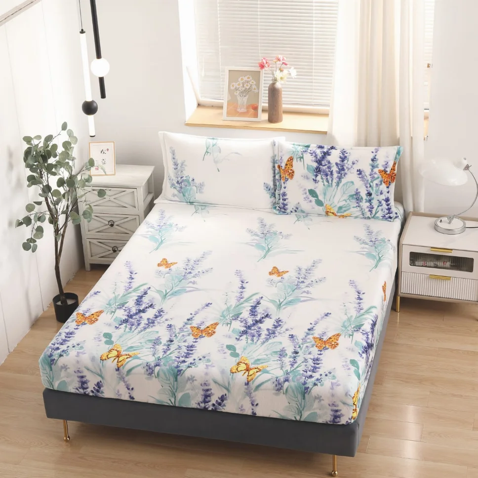 Huse de pat cocolino 180x200 cm, alb cu lavandă și fluturi-HJC163 [1]