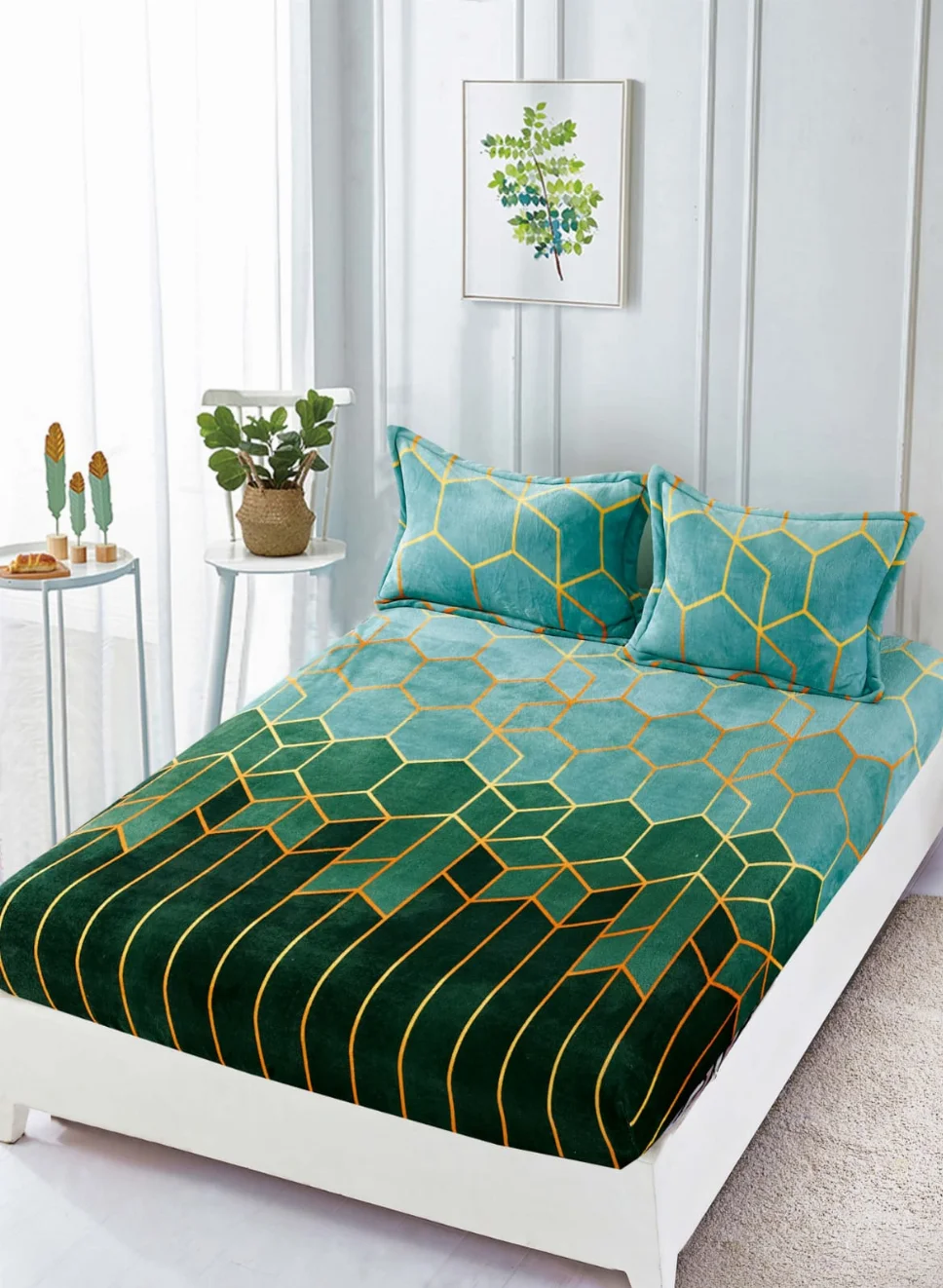 Huse de pat cocolino 180x200 cm, turcoaz cu modele geometrice aurii-HJC162 [1]