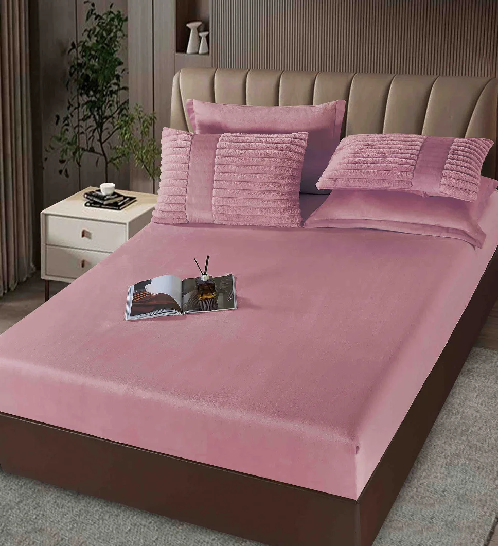 Lenjerie cu Pilota din Blanita artificiala de iepure si cearceaf cu elastic ,6 piese,, roz cu striatii discrete-PBJ10 [3]