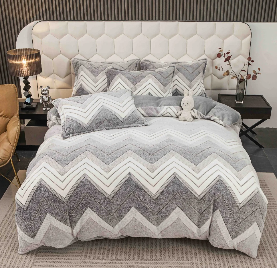 Lenjerie de pat Cocolino 2 persoane, alb cu model zigzag gri-CJE18 [1]