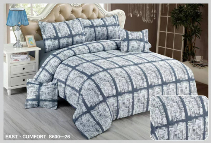 Lenjerie de pat Creponata,Pat dublu,cu Elastic,Gri albastrui cu linii albe-S626 [1]