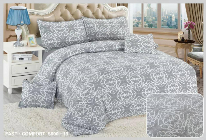 Lenjerie de pat Creponata,Pat dublu,cu Elastic,Gri cu frunze albe-S619 [1]